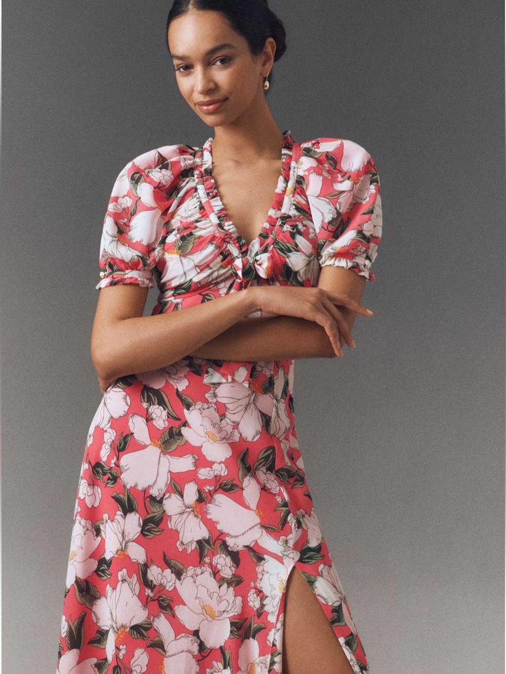 BHLDN Anthropologie Floral V-Neck Maxi Dress with Puff Sleeves